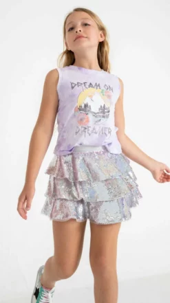 Lola + The Boys 3 Layers Shimmering Silver Sequin Skirt Girls