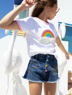 Lola + The Boys Girls Embroidered Rainbow Denim Shorts
