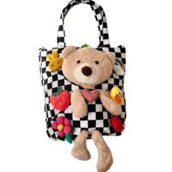 Lola + The Boys Checkered Beary Cute Plushie Tote