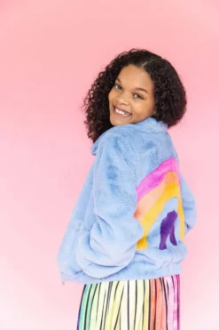 Lola + The Boys Rainbow Faux Fur Coat Baby Blue New Arrivals