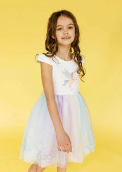 Lola + The Boys Girls Glitter Wing Unicorn Pastel Dress