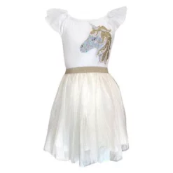 Lola + The Boys Girls Gold And White Unicorn Ruffle Sleeve Dress