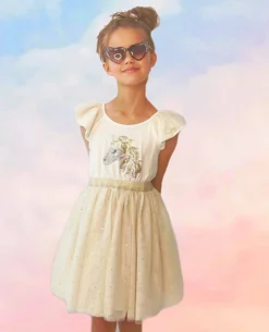 Lola + The Boys Girls Gold And White Unicorn Ruffle Sleeve Dress