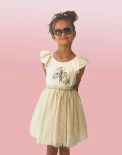 Lola + The Boys Girls Gold And White Unicorn Ruffle Sleeve Dress