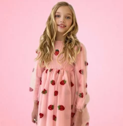 Lola & The Boys Strawberry Sheer Sleeve Dress New Arrivals