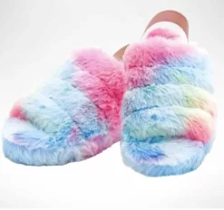 Lola + The Boys Girls Tie Dye Rainbow Fur Slides