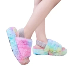 Lola + The Boys Girls Tie Dye Rainbow Fur Slides