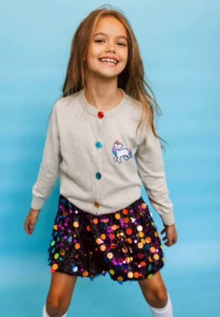 Lola + The Boys Girls Grey Rainbow Gem Unicorn Cardigan