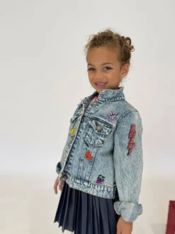 Lola + The Boys Beaded Crystal Fruit Crop Denim Jacket