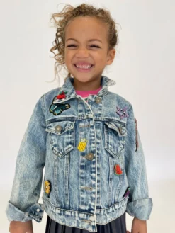 Lola + The Boys Beaded Crystal Fruit Crop Denim Jacket