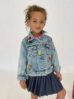 Lola + The Boys Beaded Crystal Fruit Crop Denim Jacket