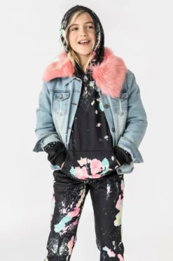 Lola + The Boys Distressed Faux Fur Denim Girls