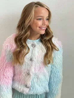 Lola + The Boys Funfetti Rainbow Faux Fur Coat Girls