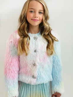 Lola + The Boys Funfetti Rainbow Faux Fur Coat Girls