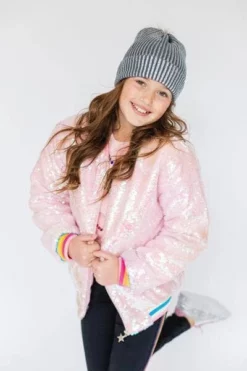 Lola + The Boys Girls Powder Puff Pink Sequin Bomber