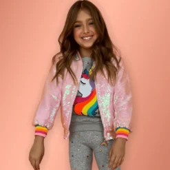 Lola + The Boys Girls Powder Puff Pink Sequin Bomber