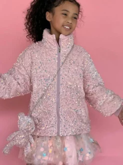 Lola + The Boys New Arrivals Pink Sequin Puffer Coat With Bunny Purse