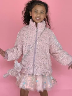 Lola + The Boys New Arrivals Pink Sequin Puffer Coat With Bunny Purse