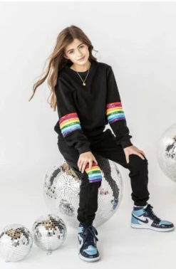 Lola & The Boys Girls Black Rainbow Sequin Set