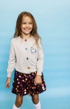 Lola + The Boys Girls Grey Rainbow Gem Unicorn Cardigan
