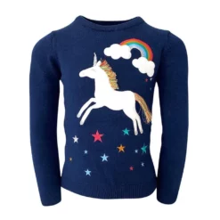 Lola + The Boys Girls Navy Unicorn Rainbow Sweater
