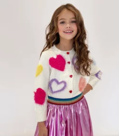 Lola + The Boys White Fuzzy Hearts Cardigan Girls