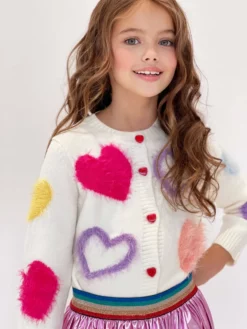 Lola + The Boys White Fuzzy Hearts Cardigan Girls