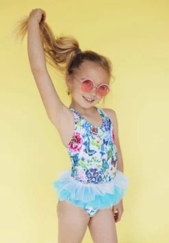 Lola + The Boys Butterfly Garden Floral And Tulle Swimsuit And Swim Cap