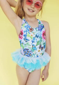 Lola + The Boys Butterfly Garden Floral And Tulle Swimsuit And Swim Cap