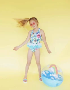 Lola + The Boys Butterfly Garden Floral And Tulle Swimsuit And Swim Cap