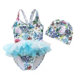 Lola + The Boys Butterfly Garden Floral And Tulle Swimsuit And Swim Cap