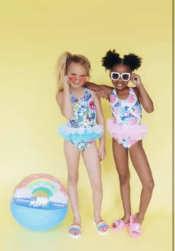 Lola + The Boys Butterfly Garden Floral And Tulle Swimsuit And Swim Cap