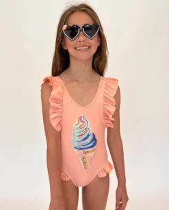 Lola + The Boys Girls Ice Cream Ruffle Swimsuit Pink