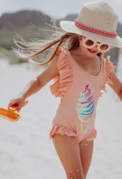 Lola + The Boys Girls Ice Cream Ruffle Swimsuit Pink