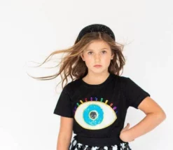 Lola + The Boys Black Rainbow Evil Eye Tee Girls