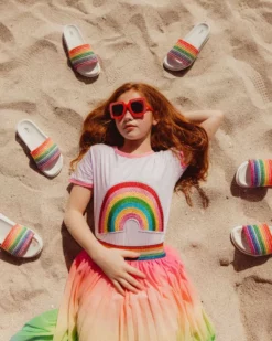 Lola + The Boys Girls Happy Rainbow Crystal Patch T-Shirt