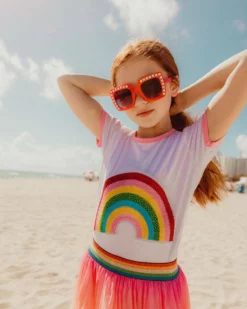 Lola + The Boys Girls Happy Rainbow Crystal Patch T-Shirt