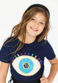 Lola + The Boys Navy Rainbow Evil Eye Tee
