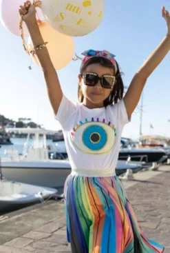 Lola + The Boys Girls White Rainbow Evil Eye Tee