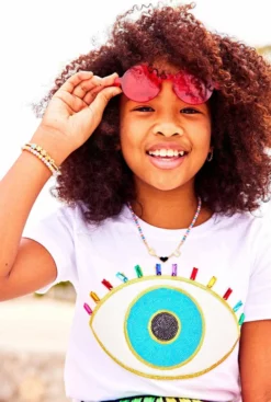 Lola + The Boys Girls White Rainbow Evil Eye Tee