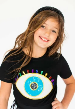 Lola + The Boys Women's Black Rainbow Evil Eye Tee