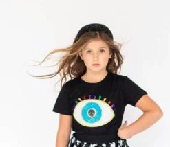 Lola + The Boys Women's Black Rainbow Evil Eye Tee